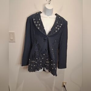 Frenchic New York Size 10 Navy Beaded Peacock Statement Blazer